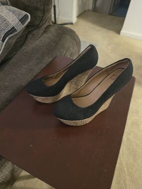 Black Cork Platform Wedge Pumps - Women